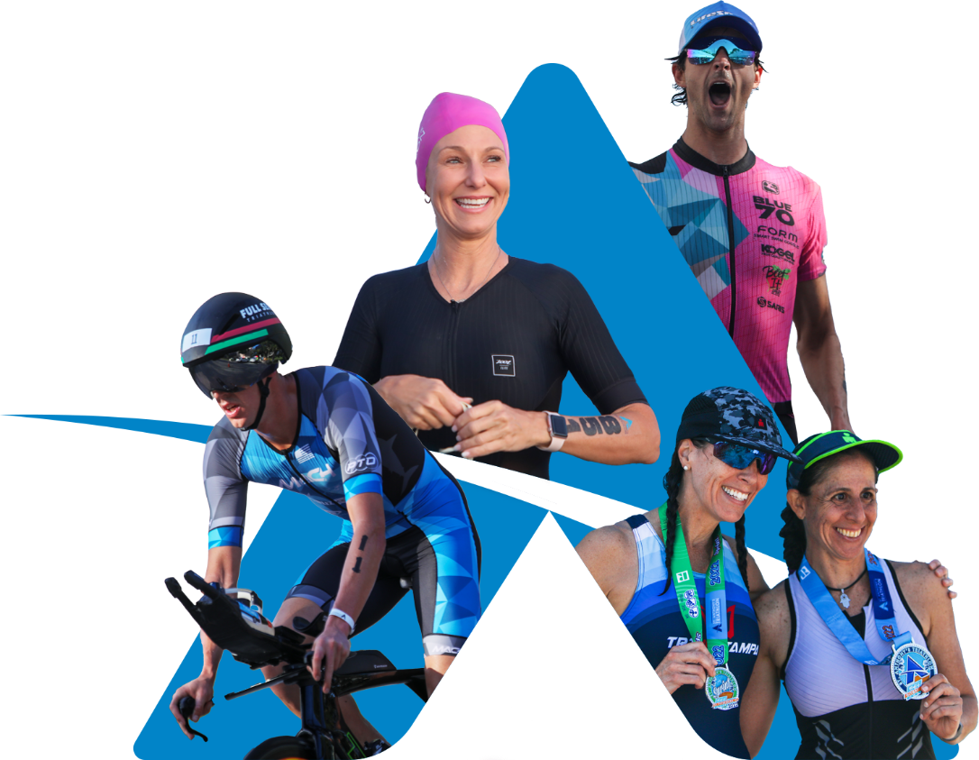 St. Anthonys Triathlon static her image- a swimmer, biker, and runner clipped inside the A logo